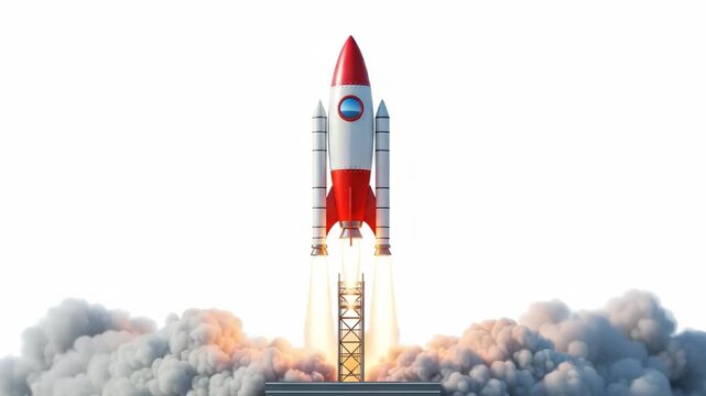 Red and white rocket launching isolated on white background