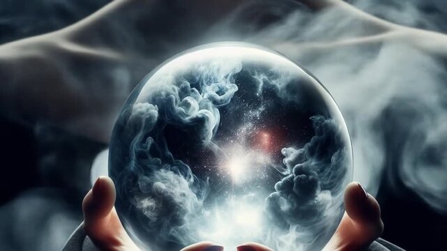 Hands Holding Glowing Crystal Ball with Swirling Clouds and Mystical Light in Dark Atmosphere