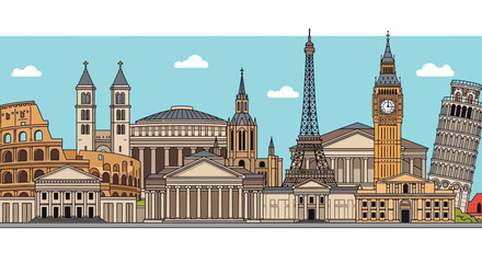 Obraz premium Famous European Landmarks Skyline Illustration - Travel and Architecture Collage