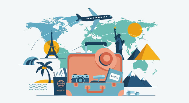 Travel and tourism concept: open suitcase with landmarks, airplane, and world map.