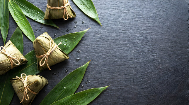 Zongzi, traditional chinese rice dumplings wrapped in bamboo leaves
