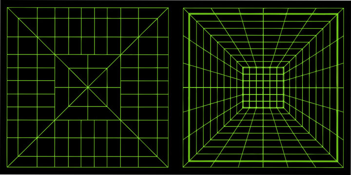 neon green wireframe grid panels on black background