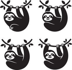 Obraz premium Set of four black and white sloth silhouettes, isolated on a white background, hanging from tree branches with leaves and smiling faces