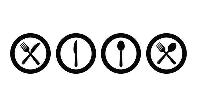cutlery icons in black circles on white background fork knife