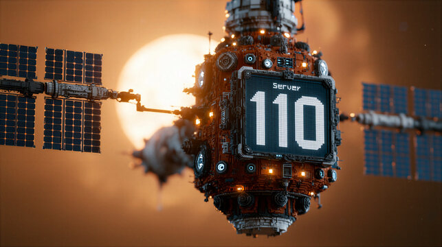 Space based data center station server with solar power screen glowing in orbit against sunlit sky