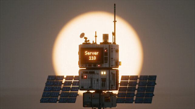 Small based data center space station in sunset light with solar panel and screen
