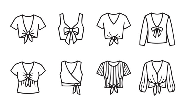 Collection of tied front crop tops in simple line drawings on white background