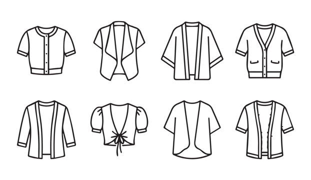 Collection of various stylish short jacket outlines on white background for fashion design
