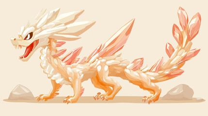 Angular crystalline dragon on sandy ground, pale peach scales glow with energy.!