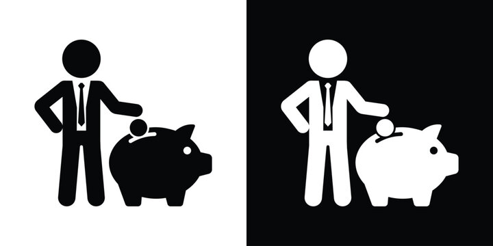 Businessman putting coin into piggy bank vector icon. Savings, retirement planning, financial investment, and wealth accumulation concept.