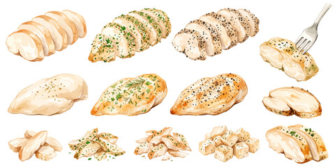 サラダチキンのイラストセット,水彩風の蒸し鶏と鶏むね肉メニュー,ローストチキンとほぐし肉パーツ素材集,手描きフードベクター © DROP DESIGN STUDIO