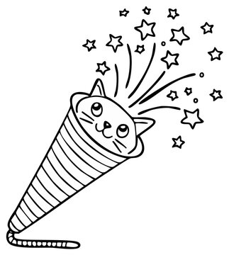 Festive cartoon cat exploding stars from party popper in line art illustration