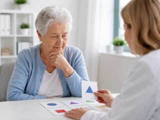 Obraz premium Elderly woman undergoing cognitive test with doctor in clinic. Senior patient looking at shape cards during dementia assessment