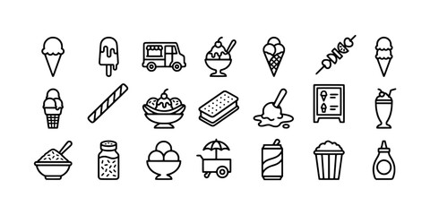 Naklejka premium Icon set collection of delicious ice cream treats and snacks, featuring frozen desserts and shop equipment in outline style.