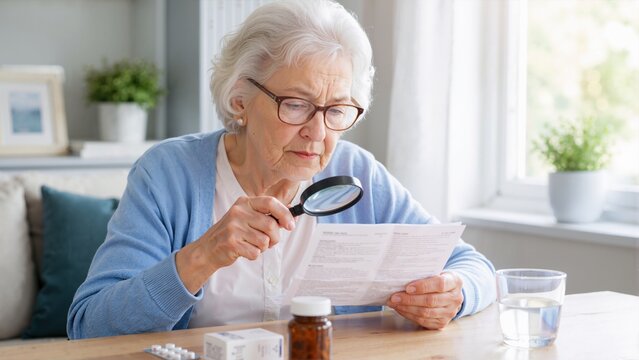 Elderly woman using magnifying glass to read medication leaflet at home. Senior female patient with poor vision checking prescription instructions. Geriatric healthcare and eyesight problem concept
