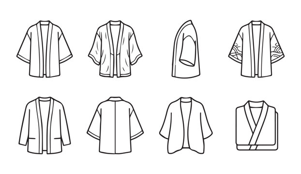 Collection of open front kimono jacket flat lay illustrations with various sleeve styles on white background