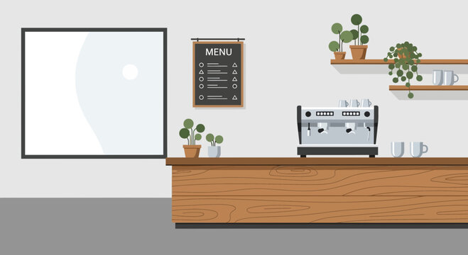 Modern Coffee Shop Counter with Espresso Machine, Menu Board and Plants