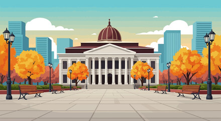 Autumn park in front of classic building with dome, city skyline and street lamps © Ilma