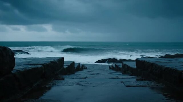 Rocky Ocean Pier Leading Toward Stormy Sea Horizon