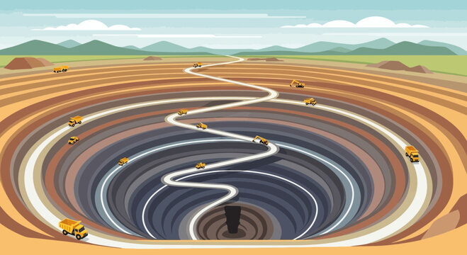 Expansive Open Pit Mine with Winding Road and Trucks, Resource Extraction