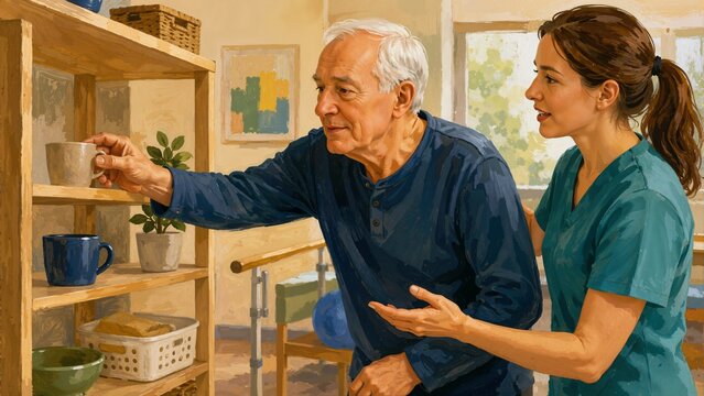 Elderly man reaching for a mug with caregiver assistance. Senior male patient in palliative care supported by nurse. Geriatric healthcare and occupational therapy concept