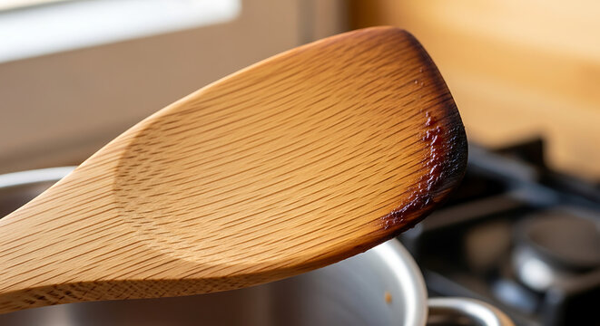 Burnt wooden cooking spoon closeup.