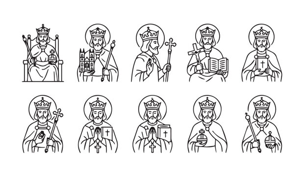 Collection of Saint King Line Icons with Royal Regalia and Symbols for Religious Illustration