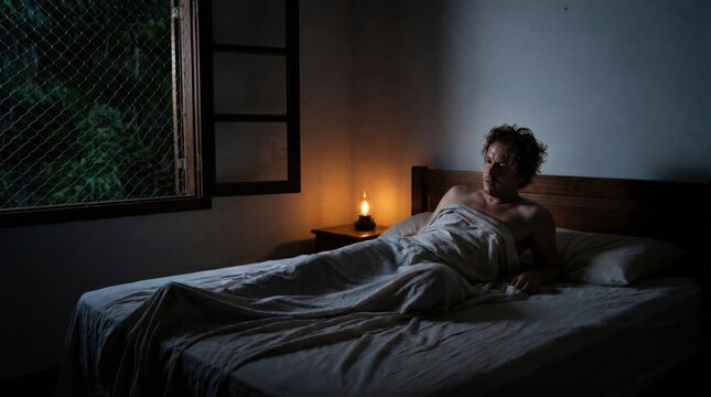 A sweating shirtless man lying on a bed suffering from extreme heat in a dark bedroom at night.