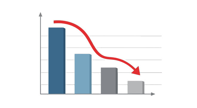 Decreasing graph with downward red arrow isolated on transparent background, Vector