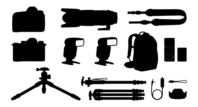 Photography Equipment Silhouettes: DSLR Cameras, Flashes, Tripods, Backpack, Accessories, Vector Icons for Creative Projects