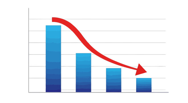 Decreasing business graph with blue bars and red arrow isolated on transparent background, Vector