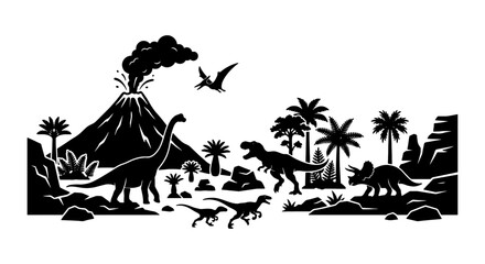Prehistoric Dinosaur Landscape Vector Set, Jurassic Era Volcano Scene, Ancient Reptile Silhouettes, Mesozoic Era Flora and Fauna © Tushar