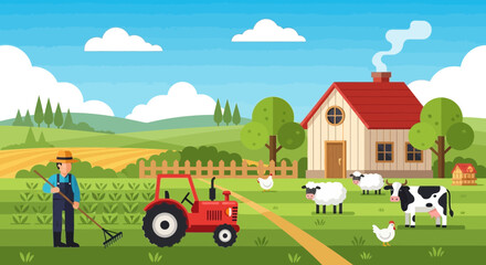 Rural Farm Scene with Farmer, Tractor, Animals, and House - Flat Vector Illustration © Ilma
