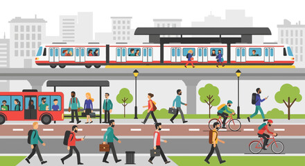 Obraz premium Diverse people commuting in a modern city with public transport: train, bus, bicycles.