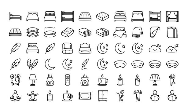 Minimalist Bedding and Bedroom Outline Icons Collection Vector Illustration
