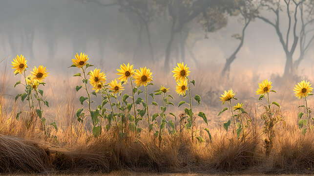 Sunflowers swaying in a field during golden hour, nature scene. gardening catalogs, home-decor guides, designed for home decor and floral branding and gardening and botanical catalogs.adulteration.