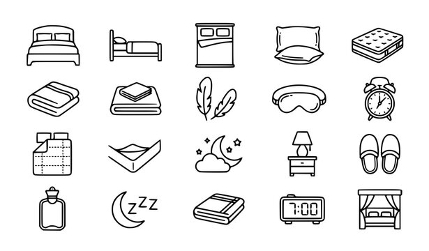 Bedroom and Bedding Line Icon Set with Beds Pillows Mattresses and Sleep Symbols