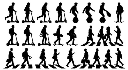 Diverse Silhouette Figures: Scooters, Skateboards, Unicycles, and Pedestrians in Motion, Vector Icons for Urban Mobility and Lifestyle Concepts © Minhazul