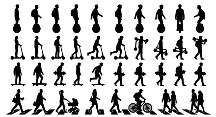 Diverse Urban Mobility Silhouettes: People on Unicycles, Scooters, Skateboards, Bikes, and Walking, 40 Vector Icons for City Life and Transportation Concepts © Minhazul