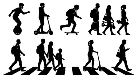 Urban Mobility Silhouettes: Diverse People on Scooters, Skateboards, and Unicycles, Pedestrians Crossing Street, Modern Transportation Icons © Minhazul