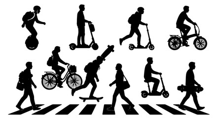 Urban Mobility Silhouettes: Diverse People Riding Electric Scooters, Bicycles, Skateboards, and Unicycles on Crosswalks, Modern Commute Icons © Minhazul