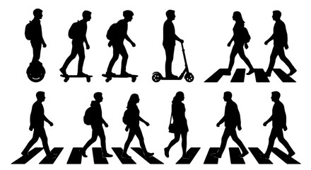 Diverse Pedestrian Silhouettes: Urban Mobility, Commuting, and Crosswalks, Vector Icons Set © Minhazul