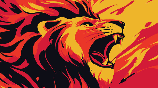A bold stylized roaring lion head in red, yellow, and black with flame-like mane
