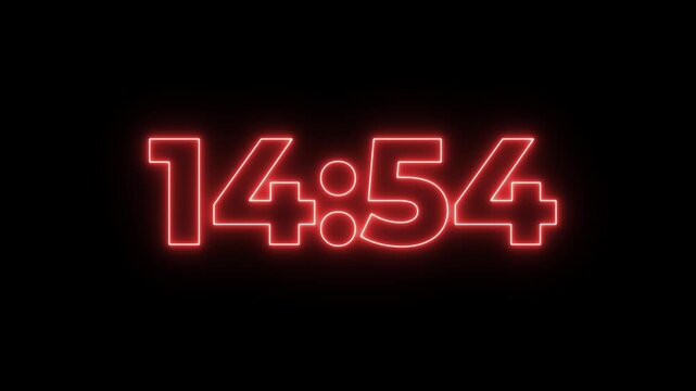 Glowing red neon modern countdown 15 minute to 14 minute timer animation.15 minute to 14 minute countdown animation.