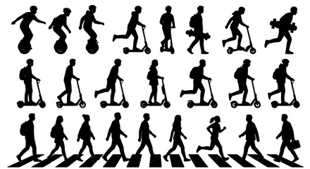 Urban Mobility Silhouettes: Diverse People on Scooters, Skateboards, Unicycles, and Walking, Set of 25 Vector Icons for City Lifestyle and Transportation Concepts © Minhazul