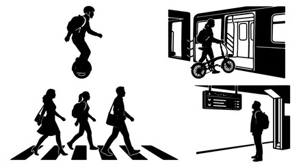 Urban Mobility Icons: Diverse Transportation & Commuting Silhouettes, Public Transit & Personal Transport Vector Set © Minhazul