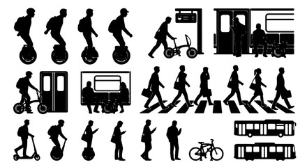 Urban Mobility Silhouettes: Diverse People Commuting with Electric Scooters, Unicycles, Bicycles, and Public Transport Icons © Minhazul