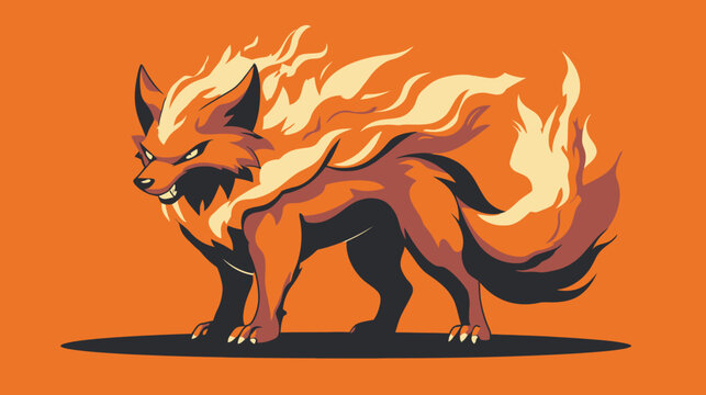Fiery cartoon fox with pointy ears, glowing eyes, sharp claws, and flaming fluff stands on a plain orange background