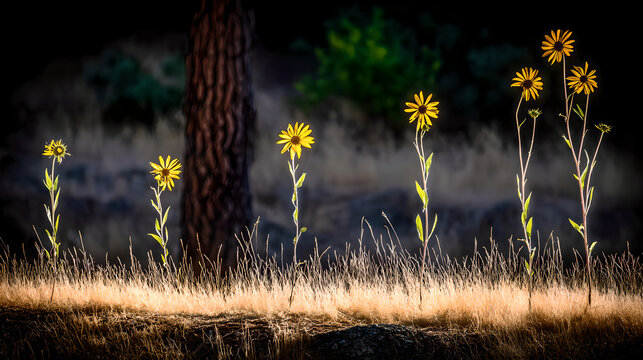 Sunflowers swaying in a field during golden hour, nature scene. gardening catalogs, home-decor guides, designed for home decor and floral branding and gardening and botanical catalogs.adulteration.