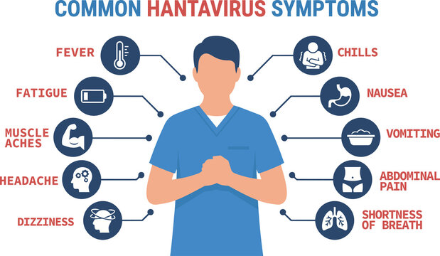 Flat vector infographic showing common hantavirus symptoms